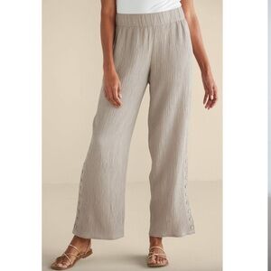 Soft Surroundings Large Oceo Gauze wide leg pants pebble taupe crinkle high rise